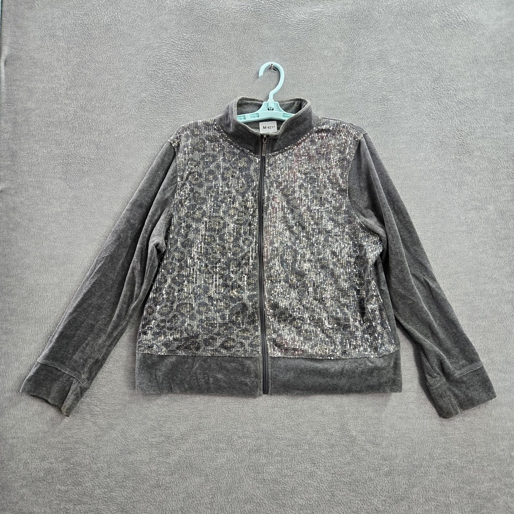 Onque Casuals Women Sweatshirt XL Gray Animal Print Sequin Long Sleeve READ